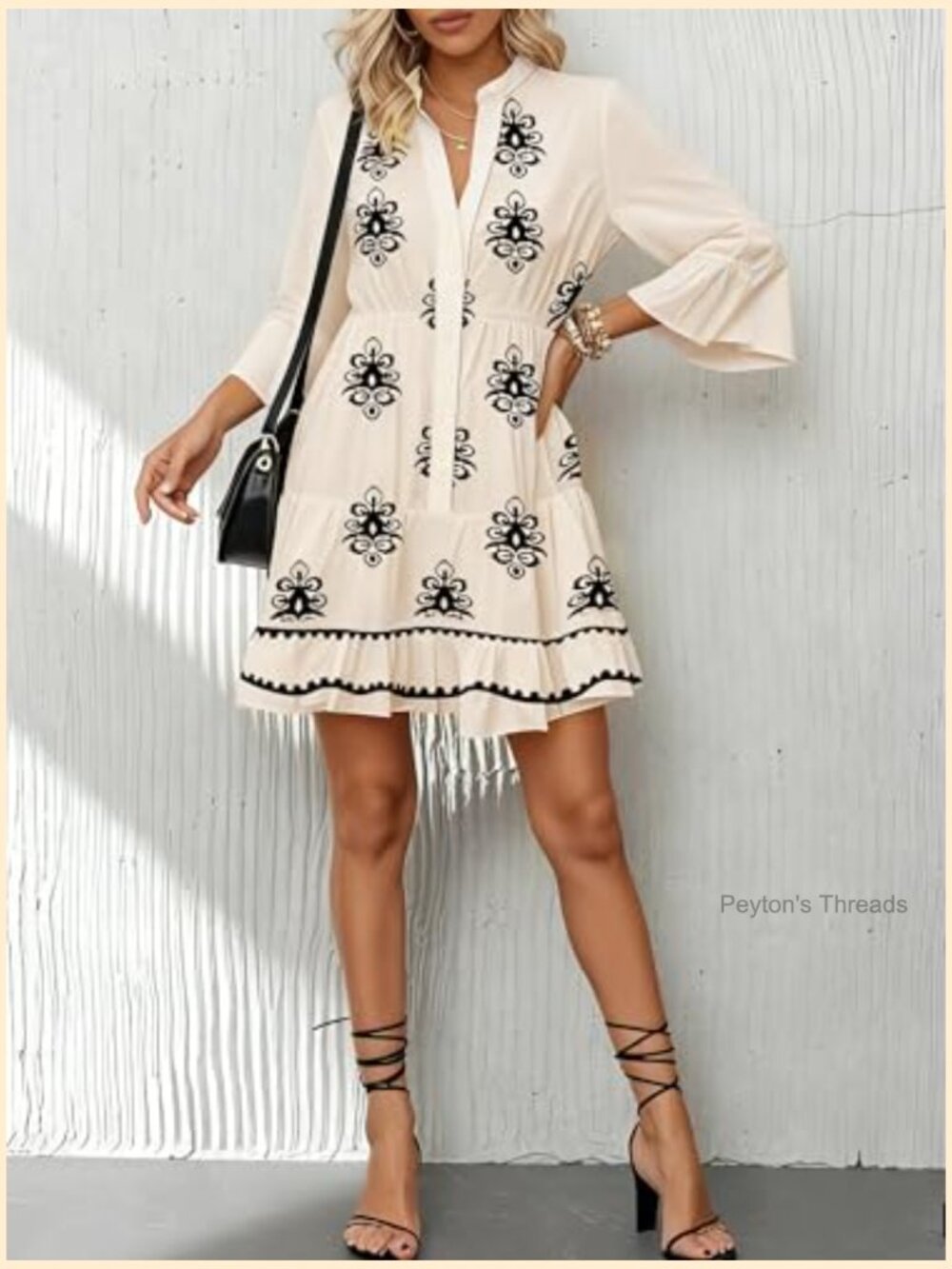 Flowy Ruffle 3/4 Sleeve V Neck Tiered Casual Babydoll Boho Beach Mini Dress - Picture 4 of 4